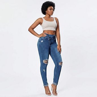 Women's Skinny Jeans High Waist Cross Over Waistband Distressed Ripped Slim Fit Casual Denim Pants