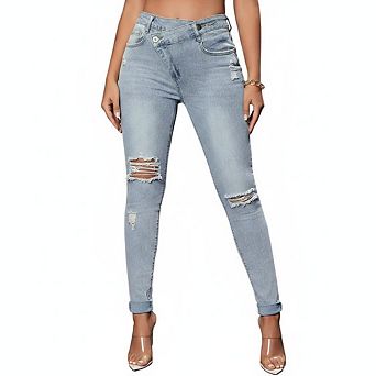 Women's Skinny Jeans High Waist Cross Over Waistband Distressed Ripped Slim Fit Casual Denim Pants