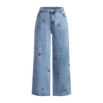 Women's Wide Leg Jeans High Waist Cherry Embroidery Loose Fit Casual Denim Everyday Pants