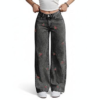 Women's Wide Leg Jeans High Waist Cherry Embroidery Loose Fit Casual Denim Everyday Pants