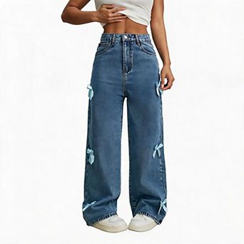 Women's Wide Leg Jeans High Waist Side Bow Decor Loose Fit Casual Denim Everyday Pants