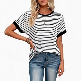Women’s Crewneck Striped Short Sleeve Knit Top Trendy Casual Summer Daily Blouse T Shirt