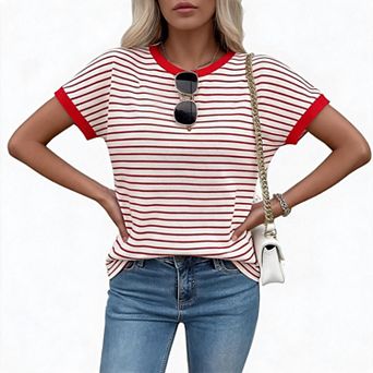 Women’s Crewneck Striped Short Sleeve Knit Top Trendy Casual Summer Daily Blouse T Shirt