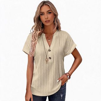 Womens Henley V Neck Short Sleeve Loose Fit Tunic Tee Summer Business Dressy Casual Knit Top