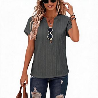 Womens Henley V Neck Short Sleeve Loose Fit Tunic Tee Summer Business Dressy Casual Knit Top