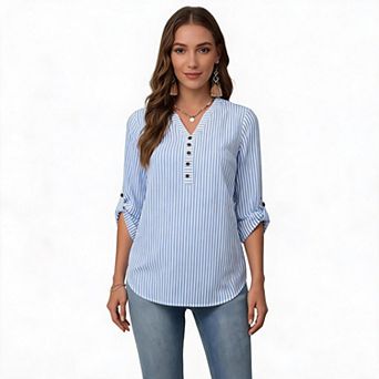 Women’s Decorative Button Front 3/4 Ruffle Sleeve Loose Fit Dressy Casual Work Vacation Blouse Top