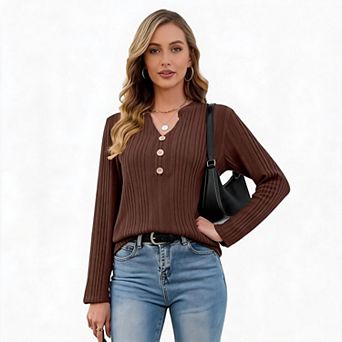 Women V Neck Henley Knit Long Sleeve Loose Fit Tunic Pullover Casual Sweater Top