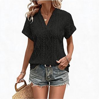 Women’s V Neck Ribbed Knit Short Sleeve Lightweight Casual Fashion Daily Top Outfit
