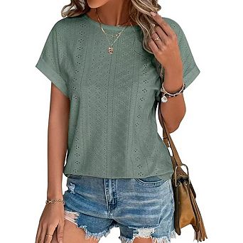 Womens Eyelet Embroidery Curved Hem Short Sleeve Summer Spring Blouse Beach Vacation Casual Top