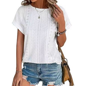 Womens Eyelet Embroidery Curved Hem Short Sleeve Summer Spring Blouse Beach Vacation Casual Top
