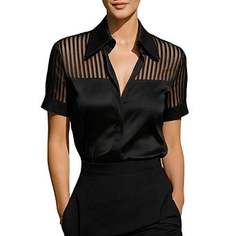 Women Satin Short Sleeve Button Front Sheer Blouse Dressy Casual Office Work Top