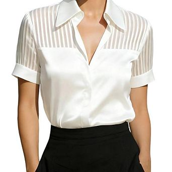 Women Satin Short Sleeve Button Front Sheer Blouse Dressy Casual Office Work Top