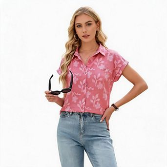Women’s V Neck Button Up Roll Up Sleeve Blouse Business Dressy Casual Summer Work Top