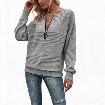 Women’s Crew Neck Striped Oversized Quarter Zip Pullover Fashion Casual Daily Outfit Top