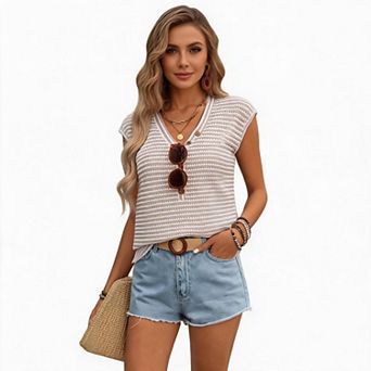 Women's V Neck Half Placket Button Waffle Knit Striped Short Sleeve Casual Trendy Blouse
