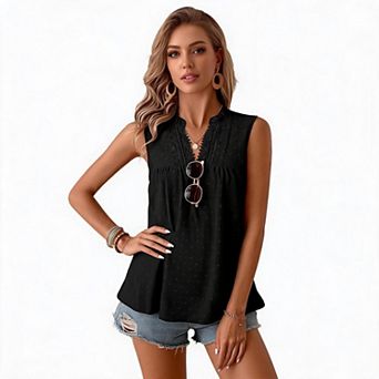 Women’s Elegant Swiss Dot Smocked Lace V Neck Sleeveless Blouse Dressy Casual Summer Fashion Top