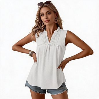 Women’s Elegant Swiss Dot Smocked Lace V Neck Sleeveless Blouse Dressy Casual Summer Fashion Top