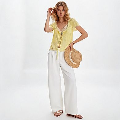 Women's Embroidered Lace Babydoll Blouse Tie Front Ruffle Flowy Sheer Short Sleeve Boho Button Down