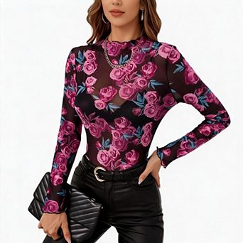 Women’s Crew Neck Mesh Long Sleeve Crop Top Sheer Layering Bodycon Fashion Going Out Blouse
