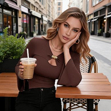 Women’s Ring Linked Cut Out Long Sleeve Tee Slim Fit Trendy Going Out Top