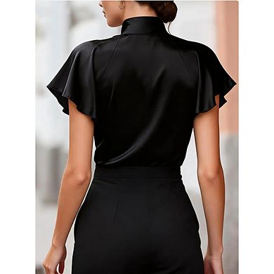 Stand Collar Ruffle Cap Sleeve Button Down Work Blouse For Women Business Outfit