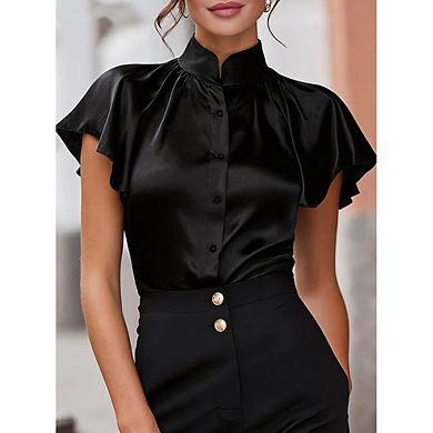 Stand Collar Ruffle Cap Sleeve Button Down Work Blouse For Women Business Outfit