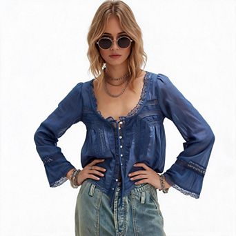 Women’s Eyelet Lace Tie Front Peplum Chiffon Top Long Sleeve Flowy Sheer Boho Beach Cover Up Blouse