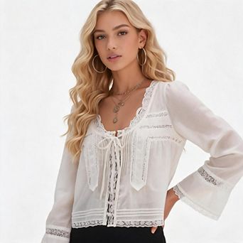 Women’s Eyelet Lace Tie Front Peplum Chiffon Top Long Sleeve Flowy Sheer Boho Beach Cover Up Blouse