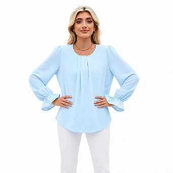 Pleated Round Neck Ruffle Long Sleeve Blouse For Women Office Daily Outfit