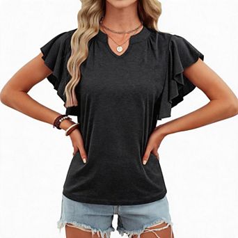 Notch V Neck Ruffle Sleeve Tops Women Summer Casual Loose Daily Vacation Shirts