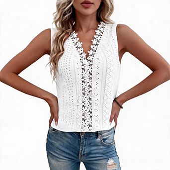 Lace V Neck Sleeveless Tank Tops Women Summer Slim Casual Daily Camis