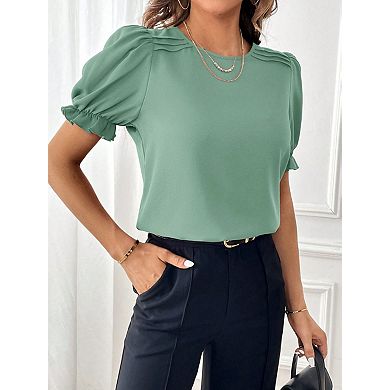 Women's Crew Neck Short Sleeve Loose Blouse, Solid Casual Top for Work Daily