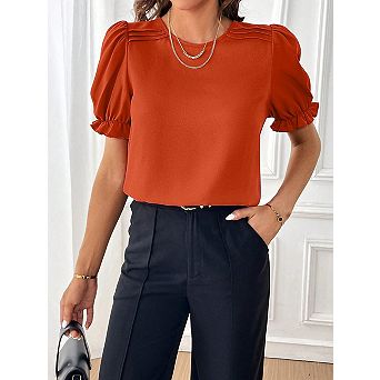 Women's Crew Neck Short Sleeve Loose Blouse, Solid Casual Top for Work Daily