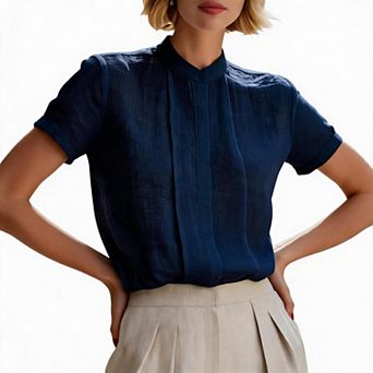 Stand Collar Short Sleeve Blouse Women Casual Office Elegant Loose Fit Work Daily Shirts
