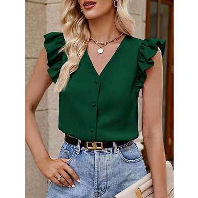 Women's v-Neck Button Front Ruffle Cap Sleeve Cardigan, Solid Layering Top for Work Daily