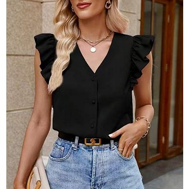 Women's v-Neck Button Front Ruffle Cap Sleeve Cardigan, Solid Layering Top for Work Daily