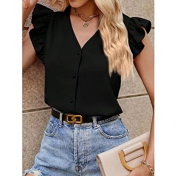 Women's v-Neck Button Front Ruffle Cap Sleeve Cardigan, Solid Layering Top for Work Daily