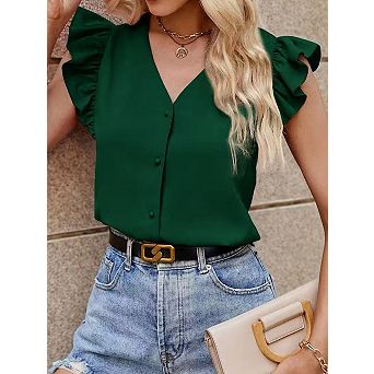 Women's v-Neck Button Front Ruffle Cap Sleeve Cardigan, Solid Layering Top for Work Daily