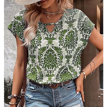 Women's v-Neck Batwing Sleeve Print Loose Top, Casual Short Sleeve Shirt for Daily Wear