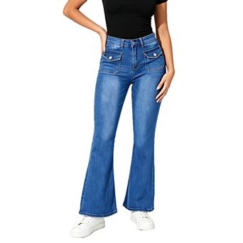 Women's High Waist Stretch Jeans Slim Fit Bootcut Denim Pants Decorative Front Pockets