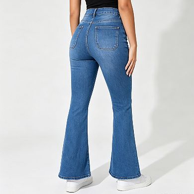 Women's High Waist Stretch Jeans Slim Fit Bootcut Denim Pants Decorative Front Pockets