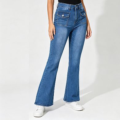Women's High Waist Stretch Jeans Slim Fit Bootcut Denim Pants Decorative Front Pockets