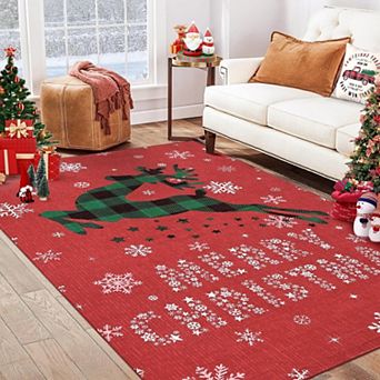 Christmas Reindeer Snow Area Rug Washable Holiday Non Slip Soft Low Pile Carpet