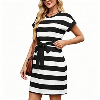 Women's Crew Neck Cuffed Short Sleeve Striped Detachable Tie Waist Casual Mini T-Shirt Dress