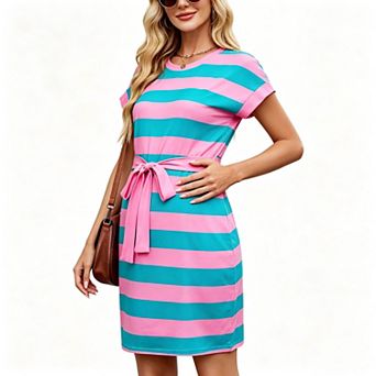 Women's Crew Neck Cuffed Short Sleeve Striped Detachable Tie Waist Casual Mini T-Shirt Dress