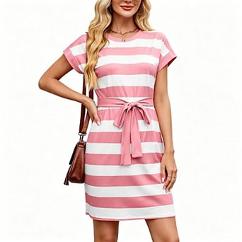 Women's Crew Neck Cuffed Short Sleeve Striped Detachable Tie Waist Casual Mini T-Shirt Dress