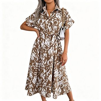 Women's Collared Roll Short Sleeve Animal Print Tie Waist Flowy Midi Shirt Dress