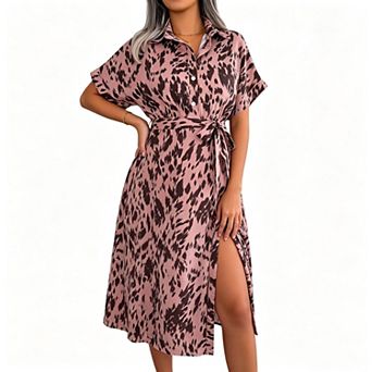 Women's Collared Roll Short Sleeve Animal Print Tie Waist Flowy Midi Shirt Dress