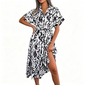 Women's Collared Roll Short Sleeve Animal Print Tie Waist Flowy Midi Shirt Dress