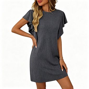 Women's Crew Neck Ruffle Flutter Short Sleeve Ribbed Knit Loose Straight Mini Dress